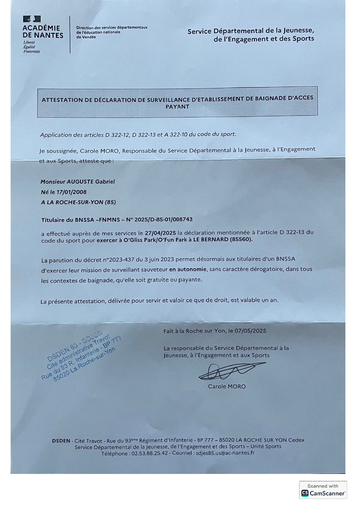 Attestation de déclaration à la préfecture Gabriel Auguste -page-00001 diplome BNSSA
