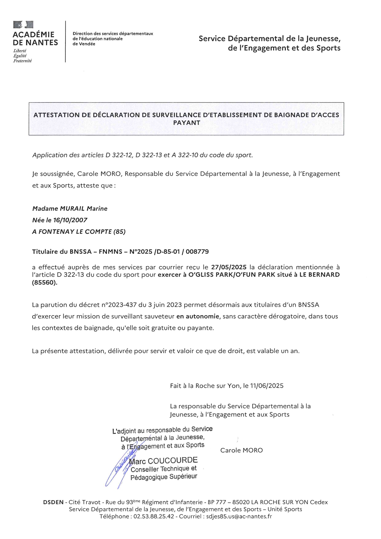 MURAIL Marine Attestation de déclaration de surveillance-page-00001 diplome BNSSA